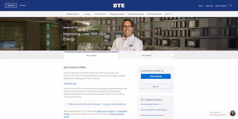 Screenshot of the official career page of DTE Energy