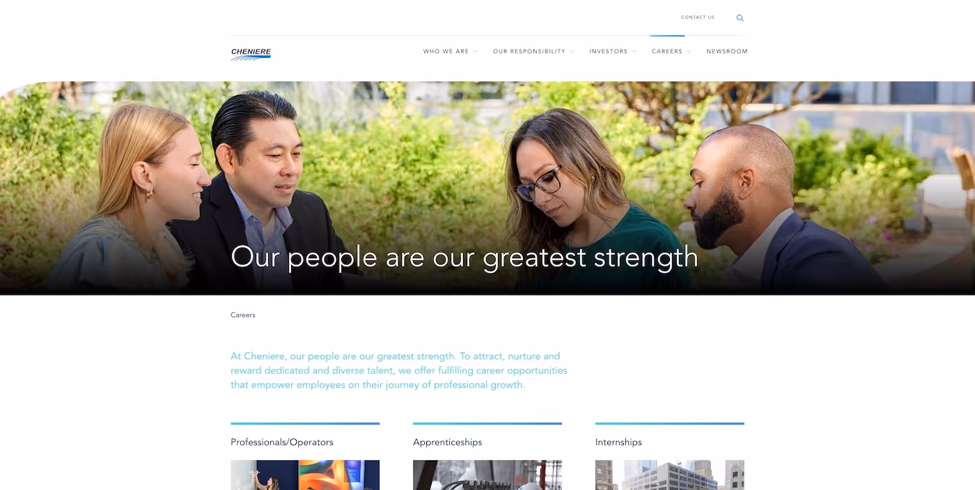 Screenshot of the official career page of Cheniere Energy