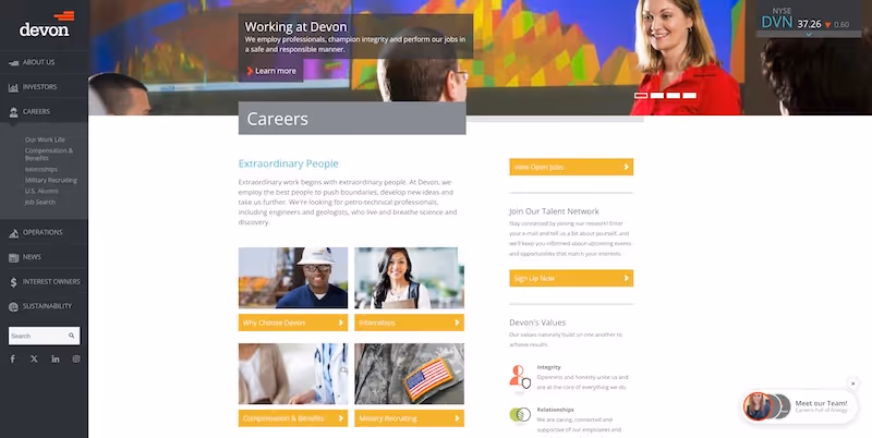 Screenshot of the official career page of Devon Energy