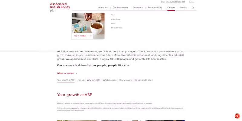 Screenshot of the official career page of Associated British Foods