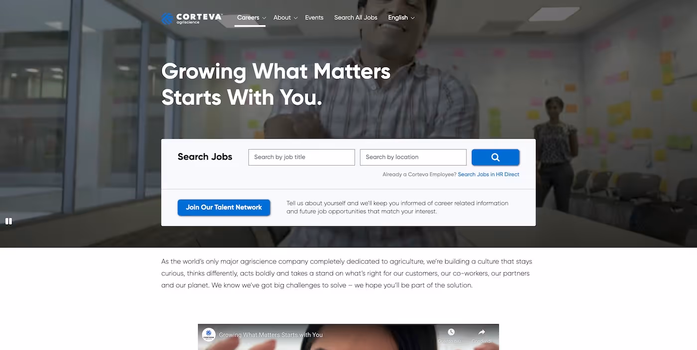 Screenshot of the official career page of Corteva