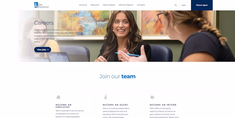 Screenshot of the official career page of Erie Insurance
