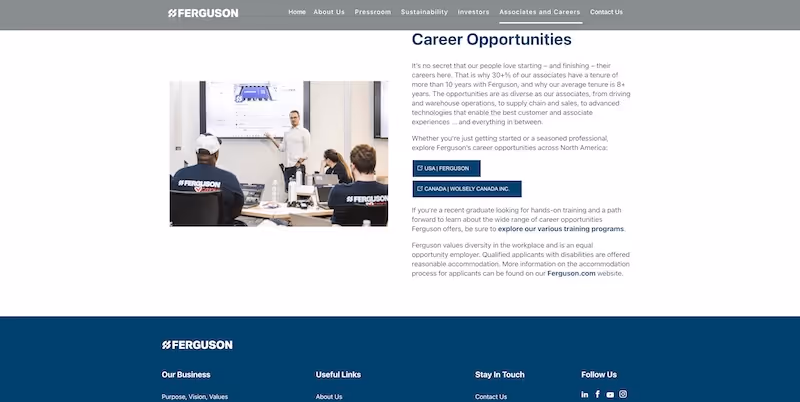 Screenshot of the official career page of Ferguson Enterprises