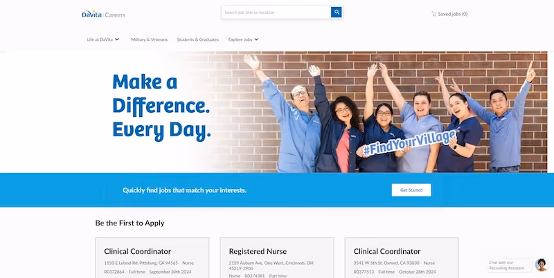 Screenshot of the official career page of DaVita