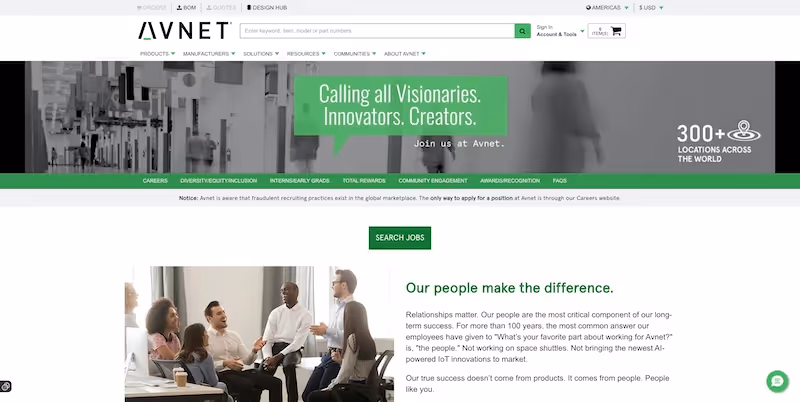 Screenshot of the official career page of Avnet