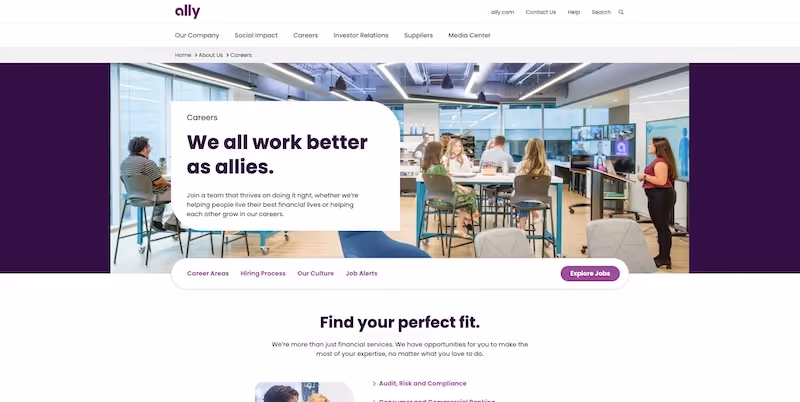 Screenshot of the official career page of Ally Financial