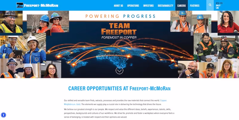 Screenshot of the official career page of Freeport-McMoRan