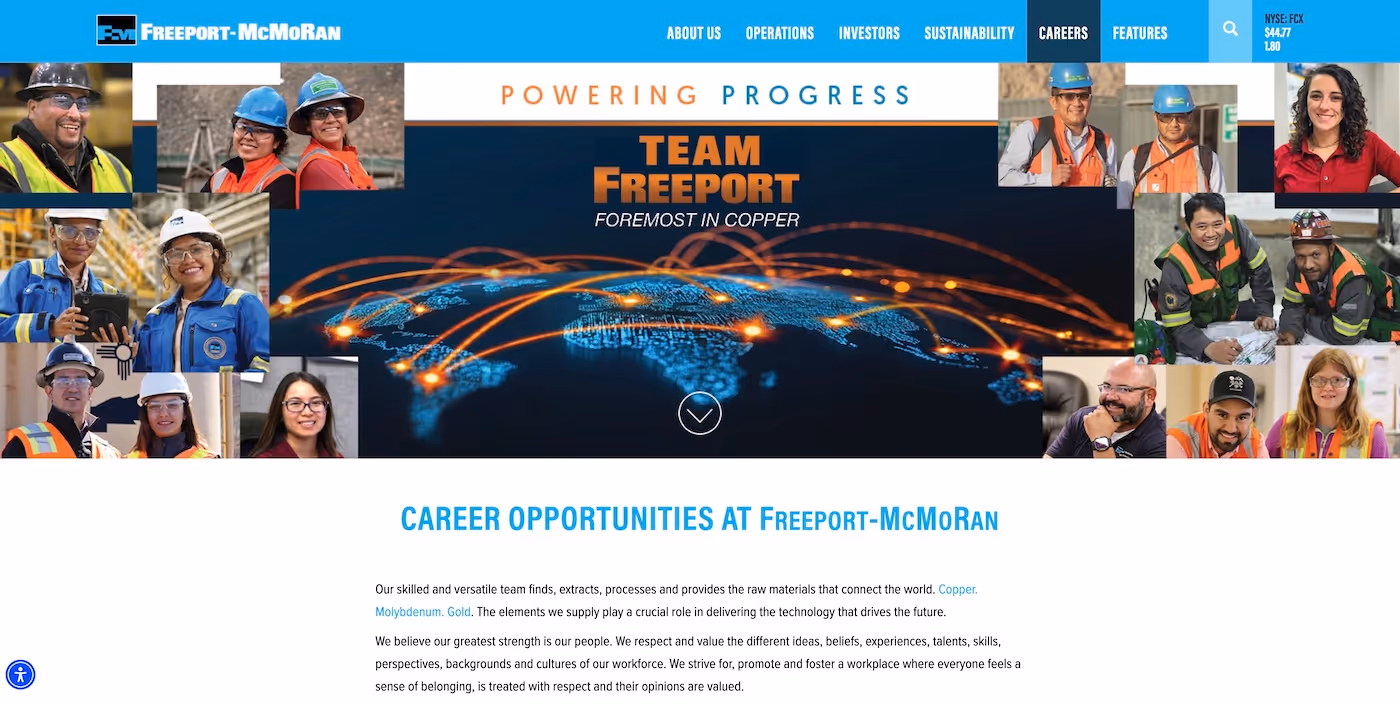 Screenshot of the official career page of Freeport-McMoRan