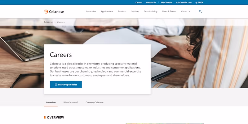 Screenshot of the official career page of Celanese