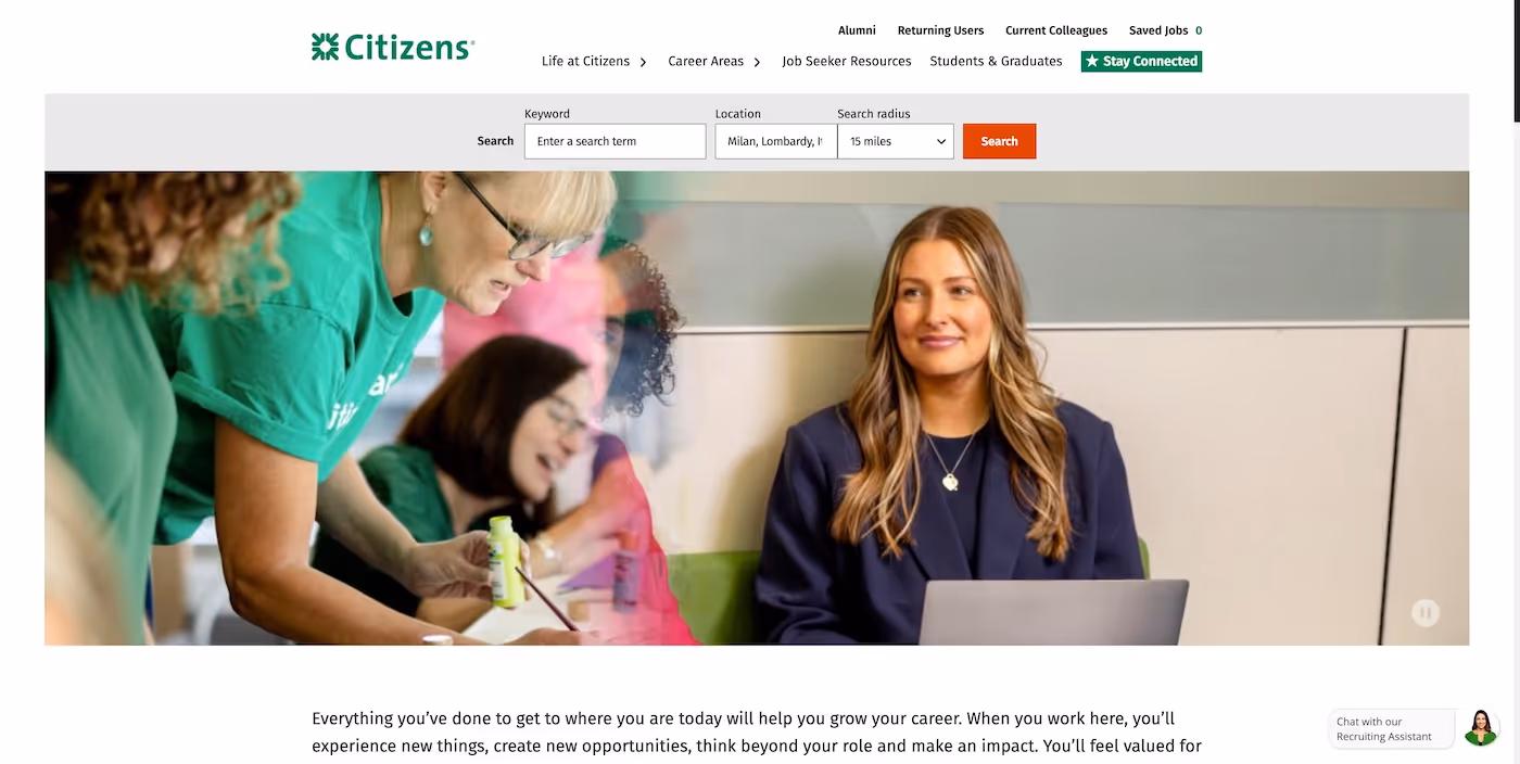 Screenshot of the official career page of Citizens Financial Group