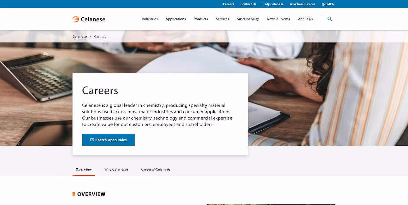 Screenshot of the official career page of Celanese