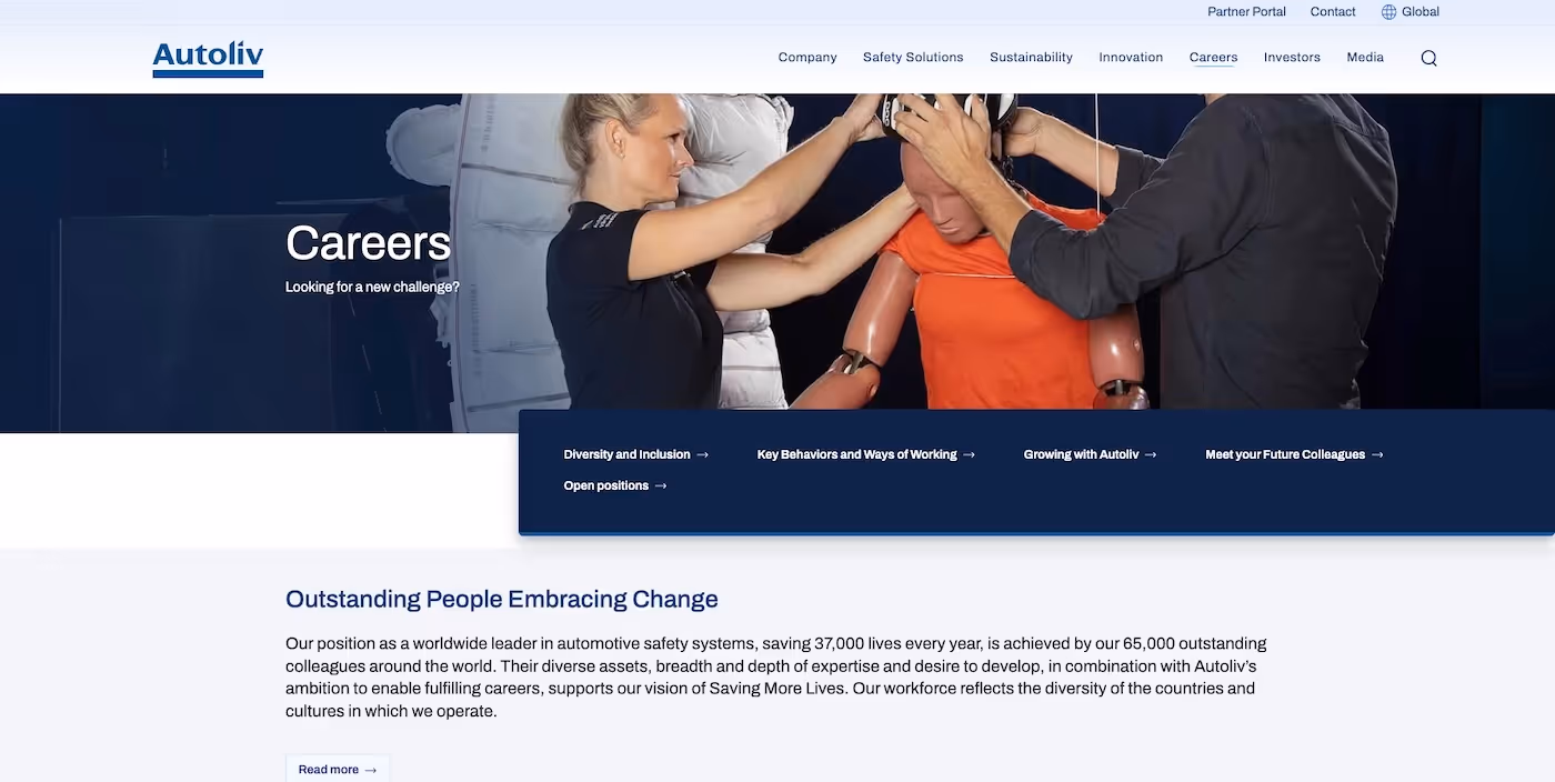 Screenshot of the official career page of Autoliv
