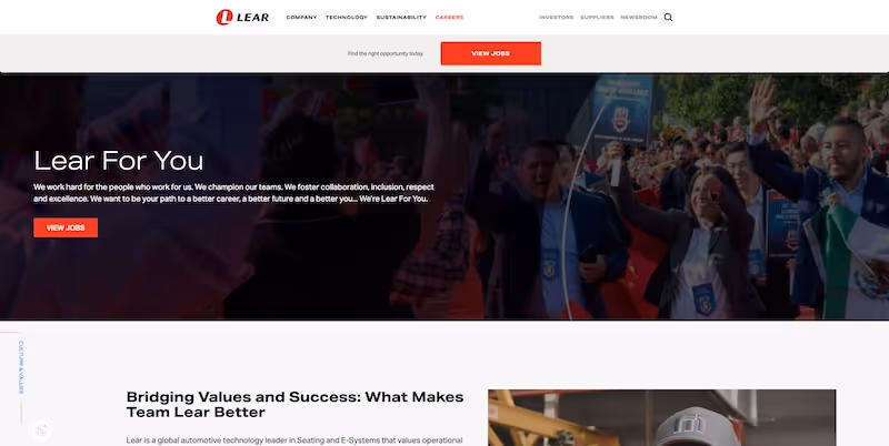 Screenshot of the official career page of Lear