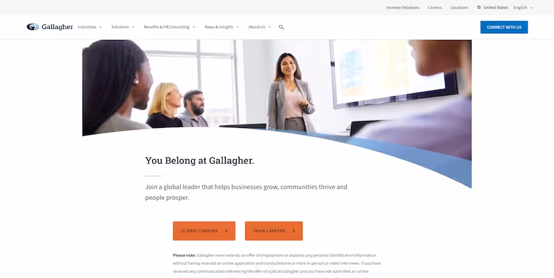 Screenshot of the official career page of Arthur J. Gallagher