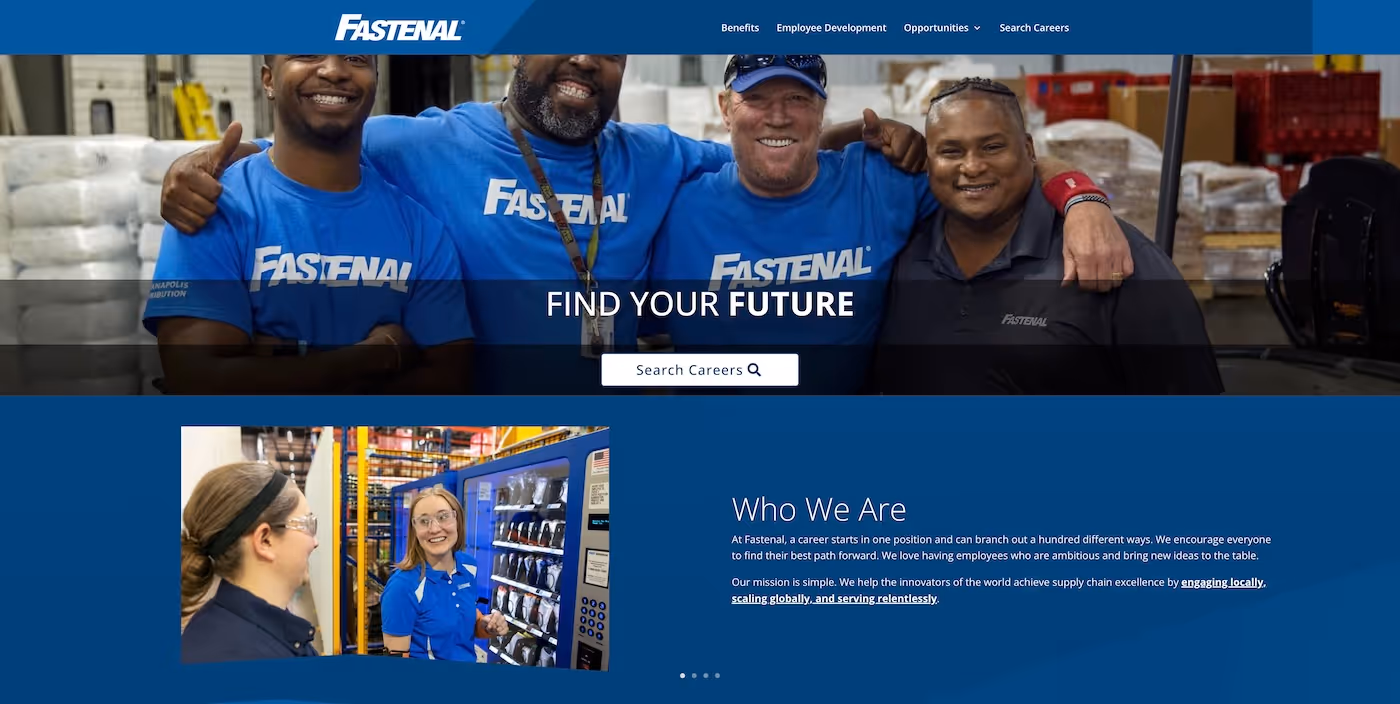 Screenshot of the official career page of Fastenal