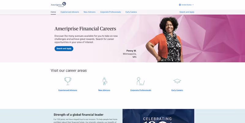 Screenshot of the official career page of Ameriprise Financial
