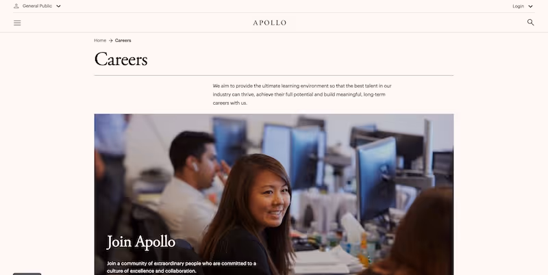 Screenshot of the official career page of Apollo Global Management