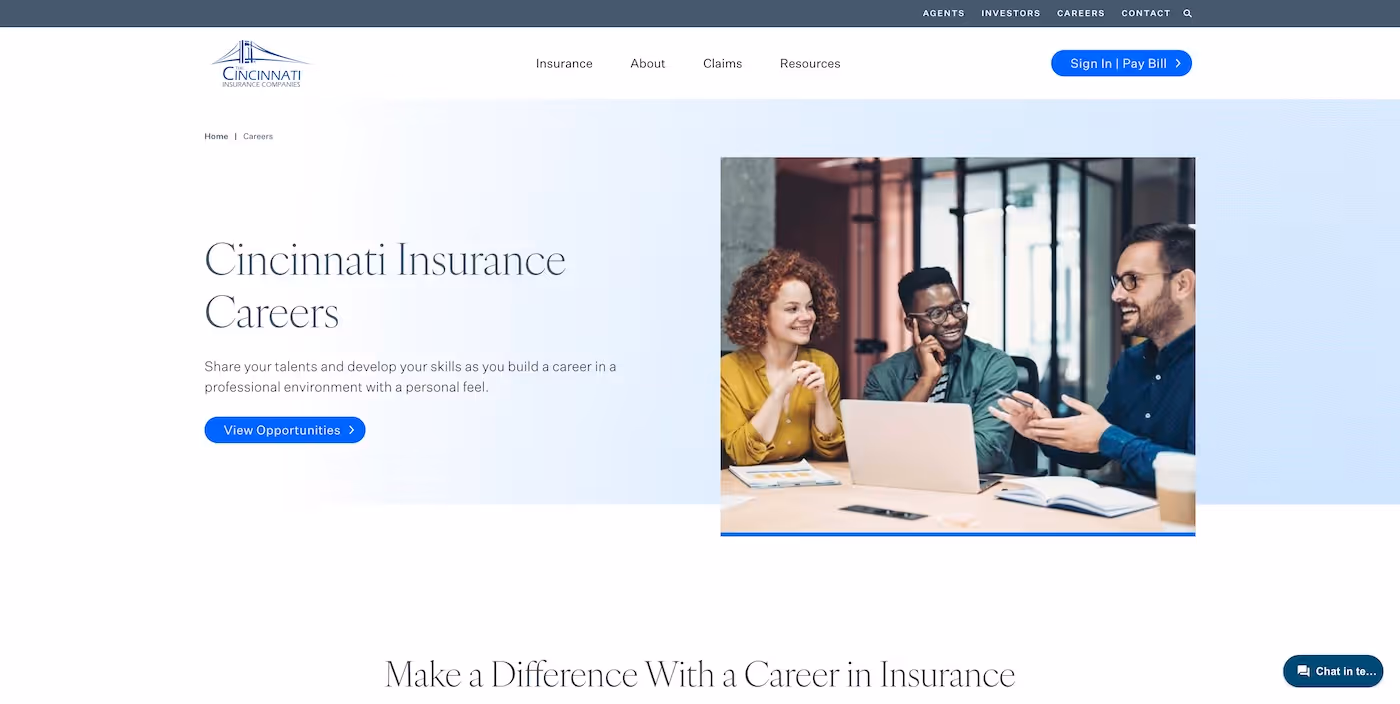 Screenshot of the official career page of Cincinnati Financial