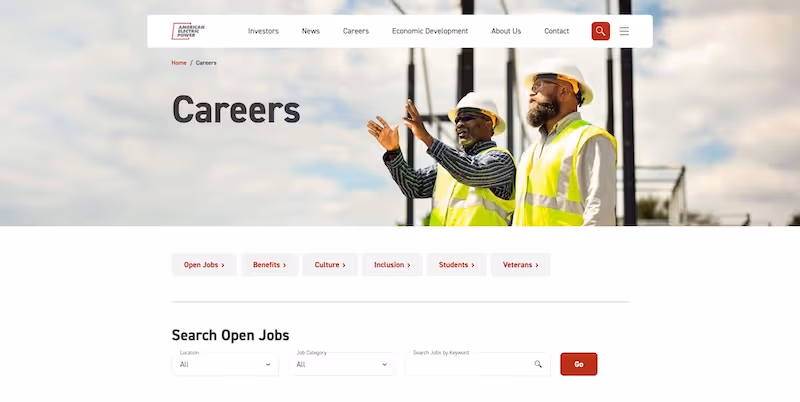Screenshot of the official career page of American Electric Power