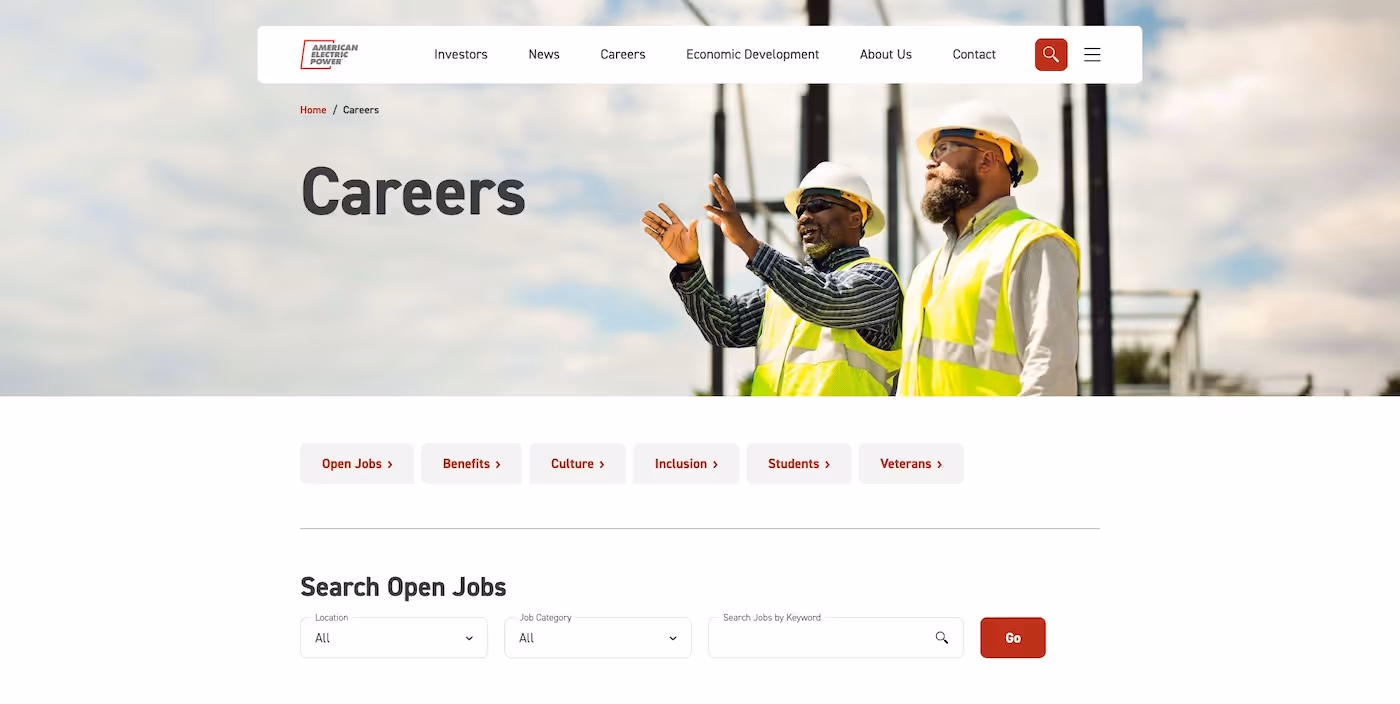 Screenshot of the official career page of American Electric Power
