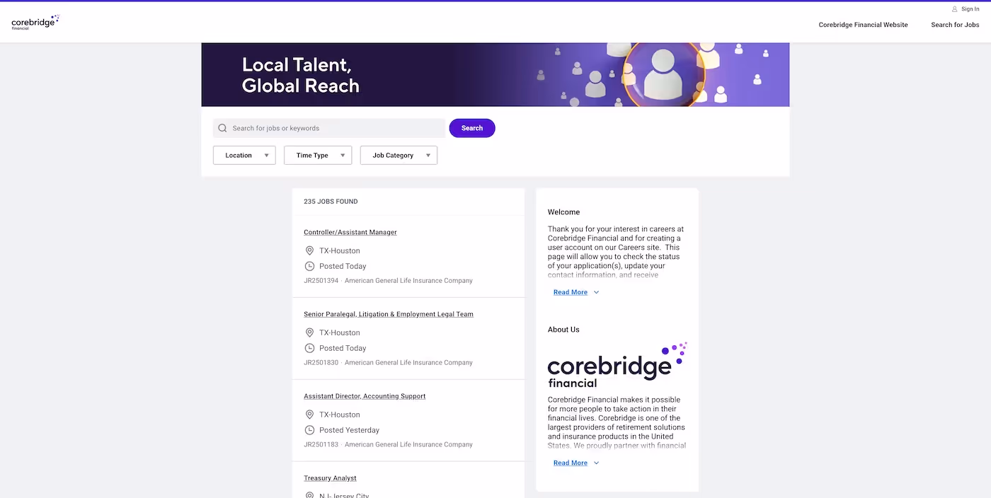 Screenshot of the official career page of Corebridge Financial