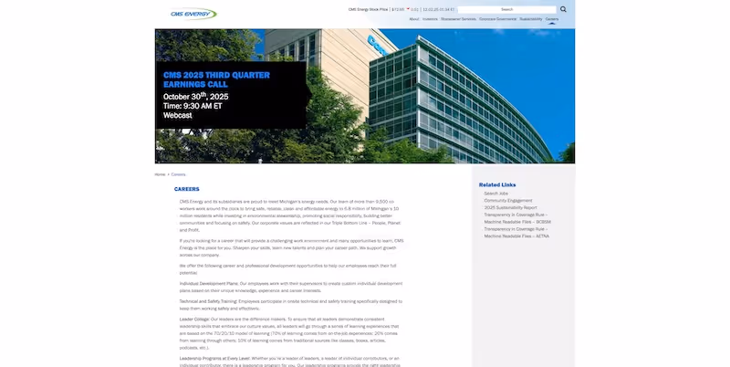 Screenshot of the official career page of CMS Energy