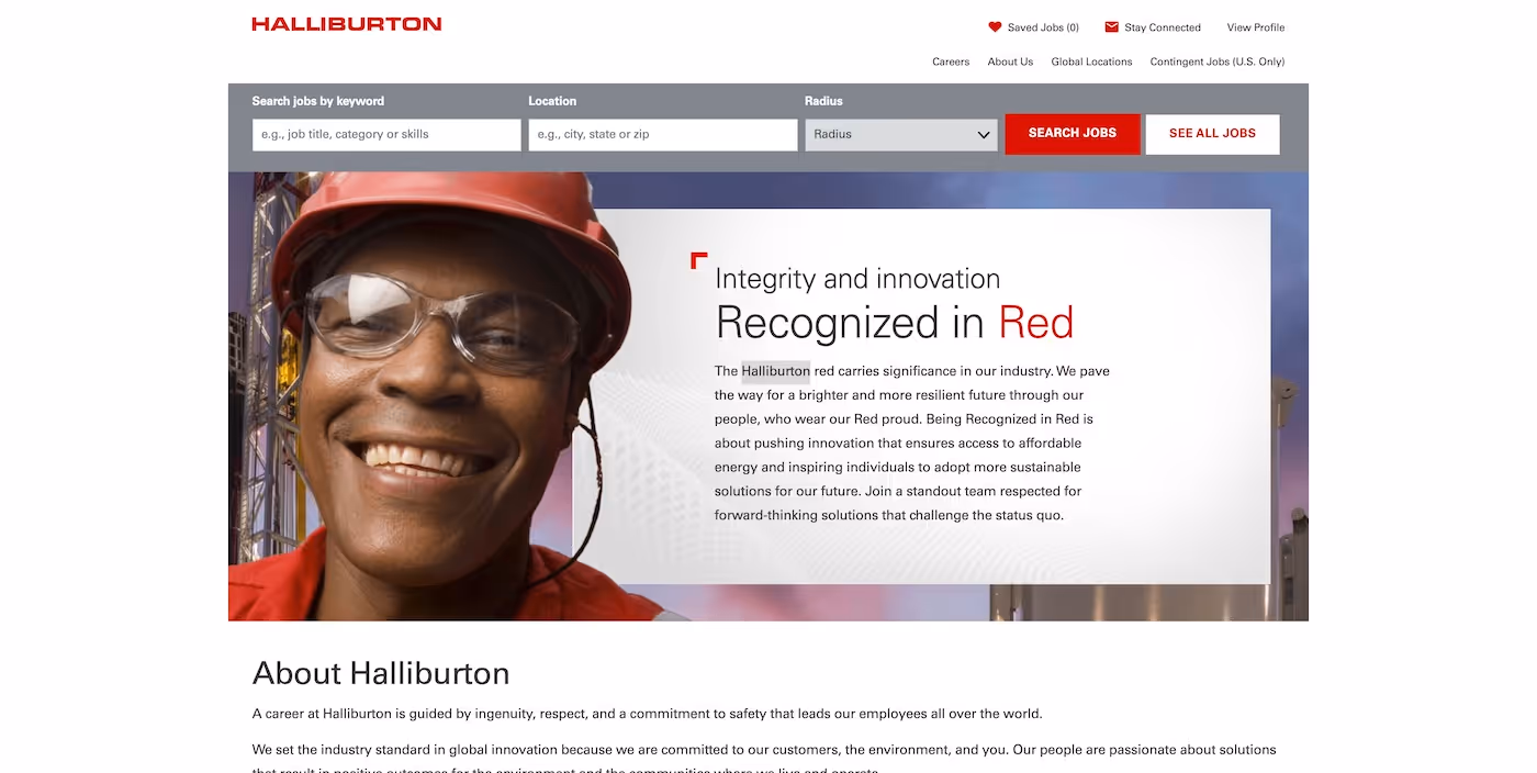Screenshot of the official career page of Halliburton