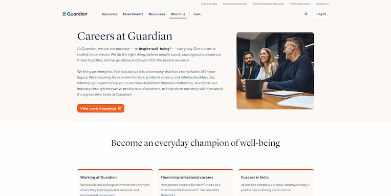 Screenshot of the official career page of The Guardian Life Insurance Company of America