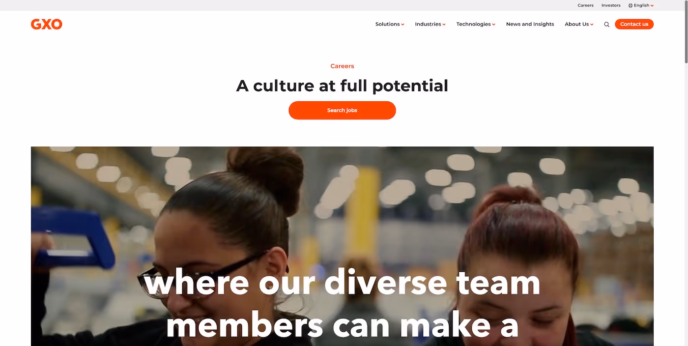 Screenshot of the official career page of GXO Logistics