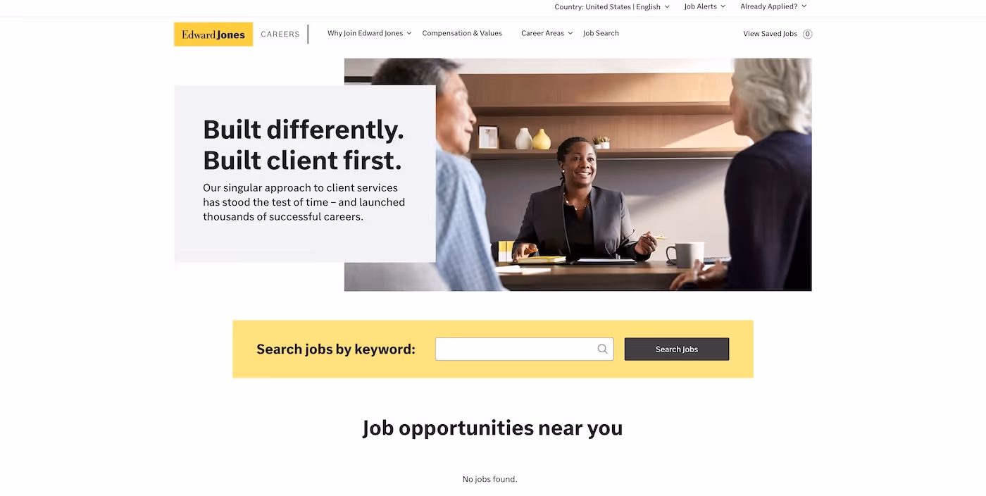 Screenshot of the official career page of Edward Jones