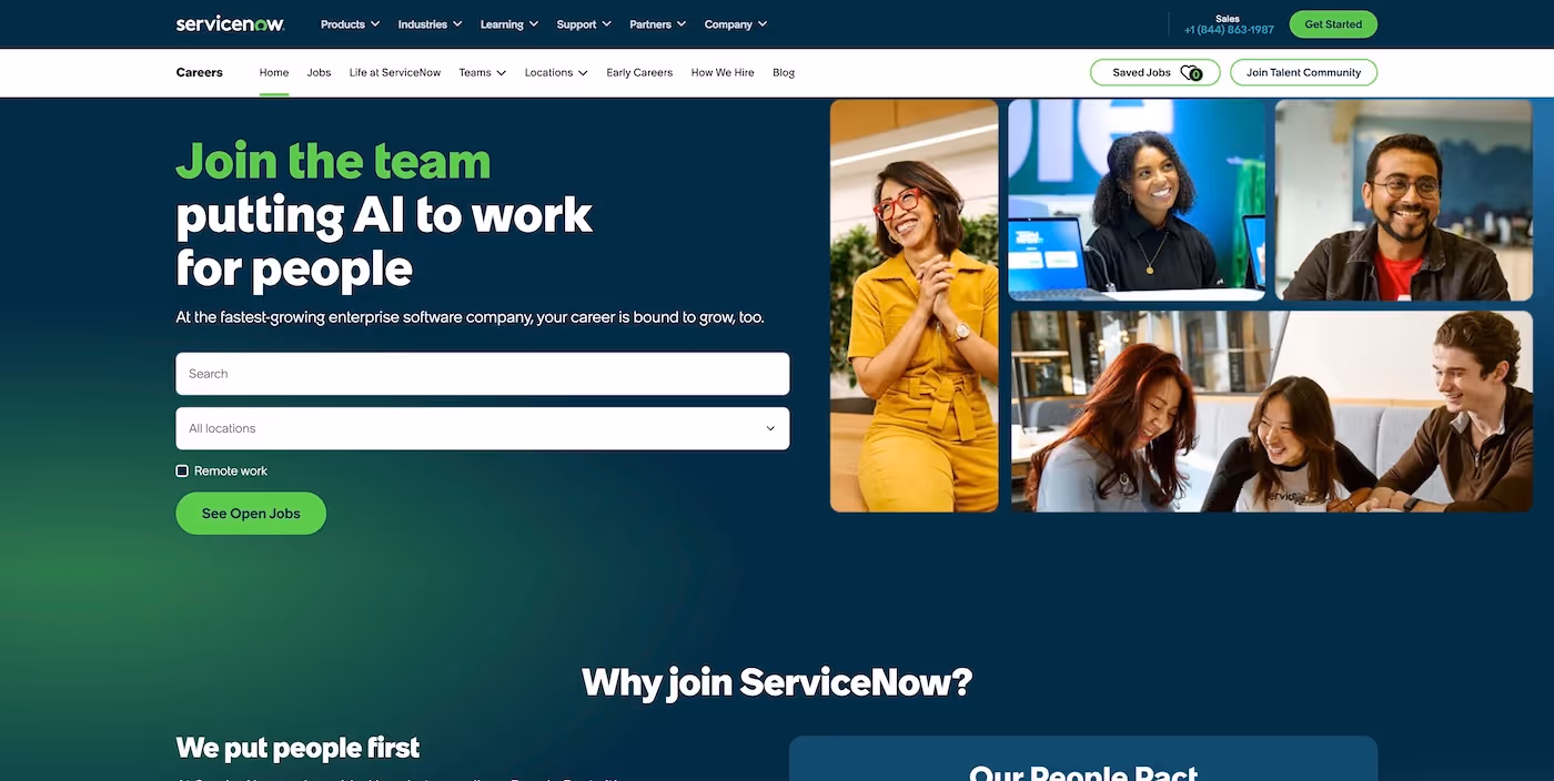 Screenshot of the official career page of ServiceNow
