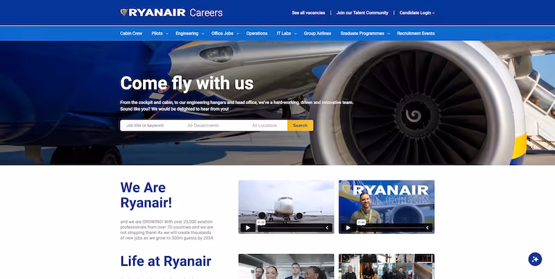 Screenshot of the official career page of Ryanair