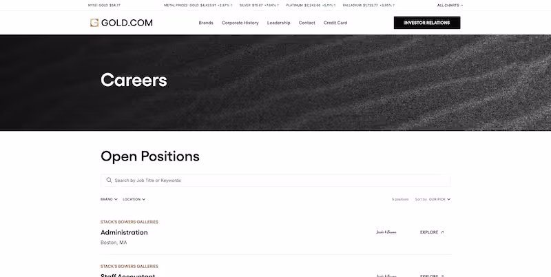 Screenshot of the official career page of Gold.com