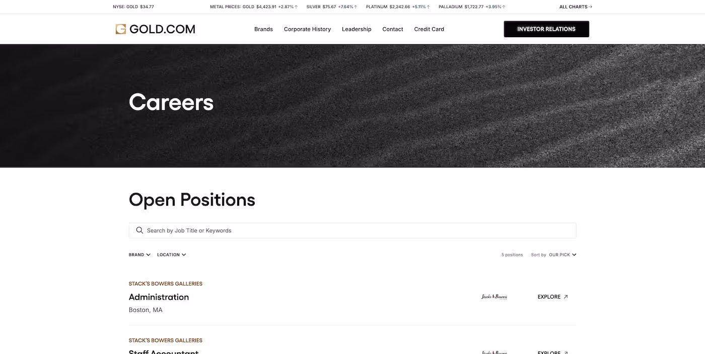 Screenshot of the official career page of Gold.com