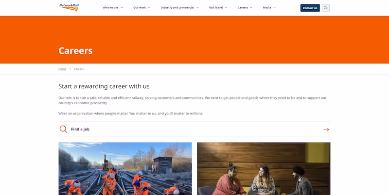 Screenshot of the official career page of Network Rail