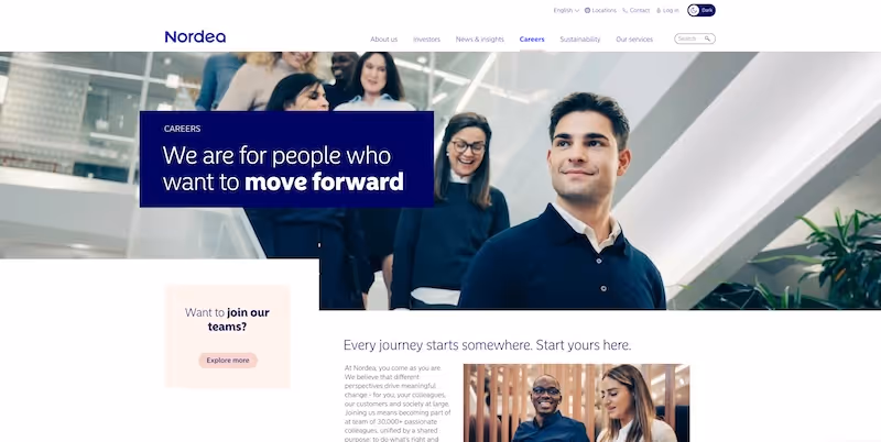 Screenshot of the official career page of Nordea Bank