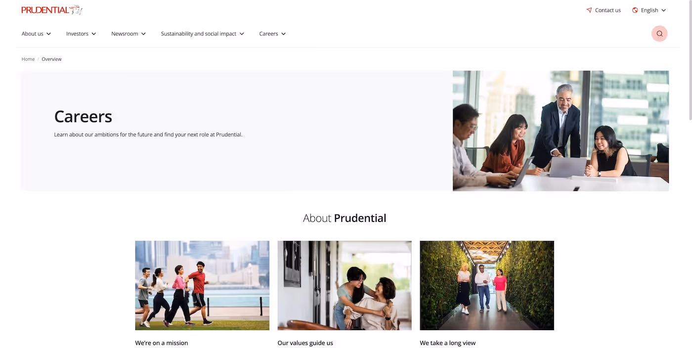 Screenshot of the official career page of Prudential