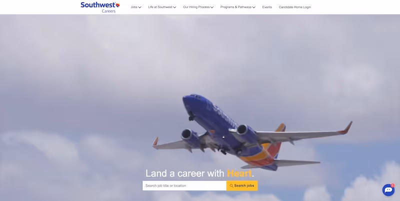 Screenshot of the official career page of Southwest Airlines