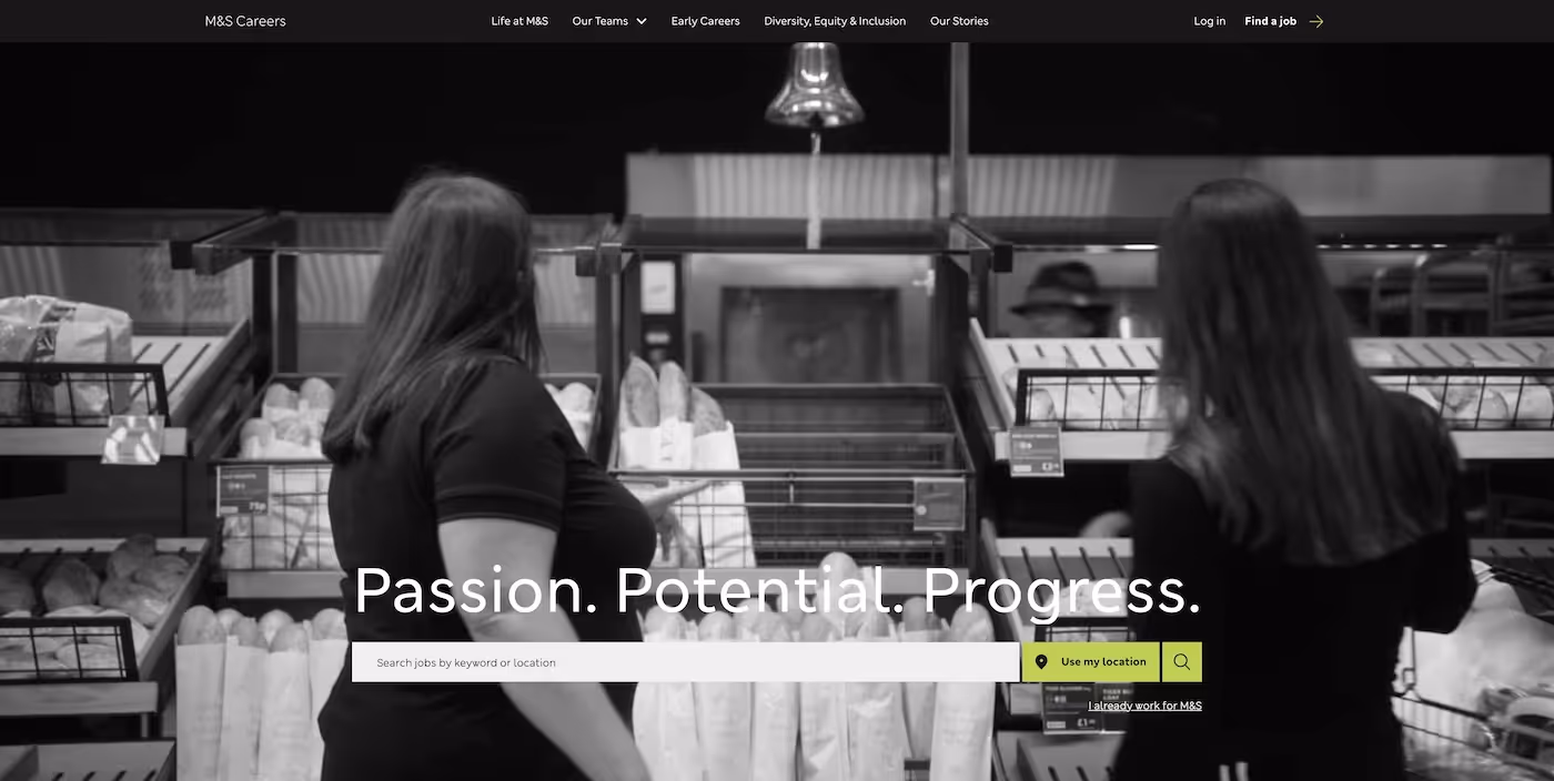 Screenshot of the official career page of Marks and Spencer