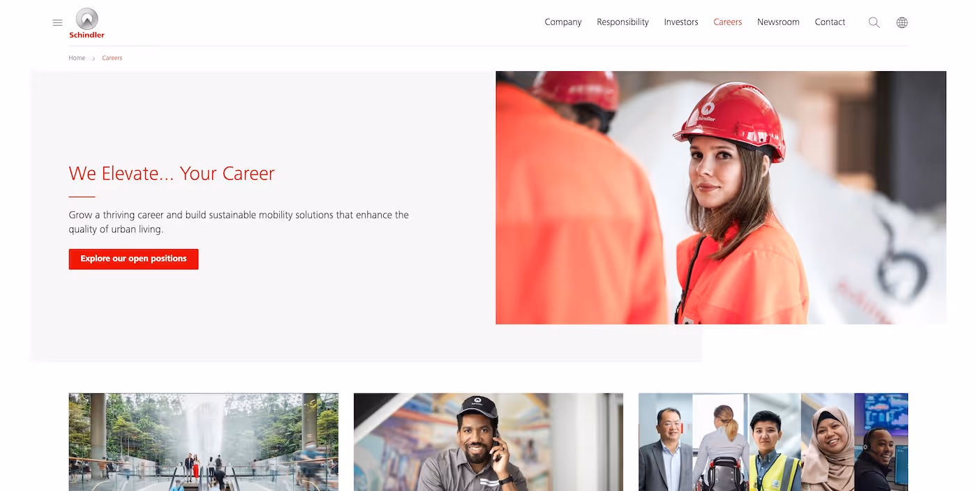Screenshot of the official career page of Schindler