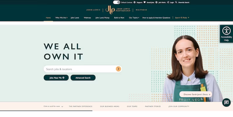 Screenshot of the official career page of John Lewis Partnership
