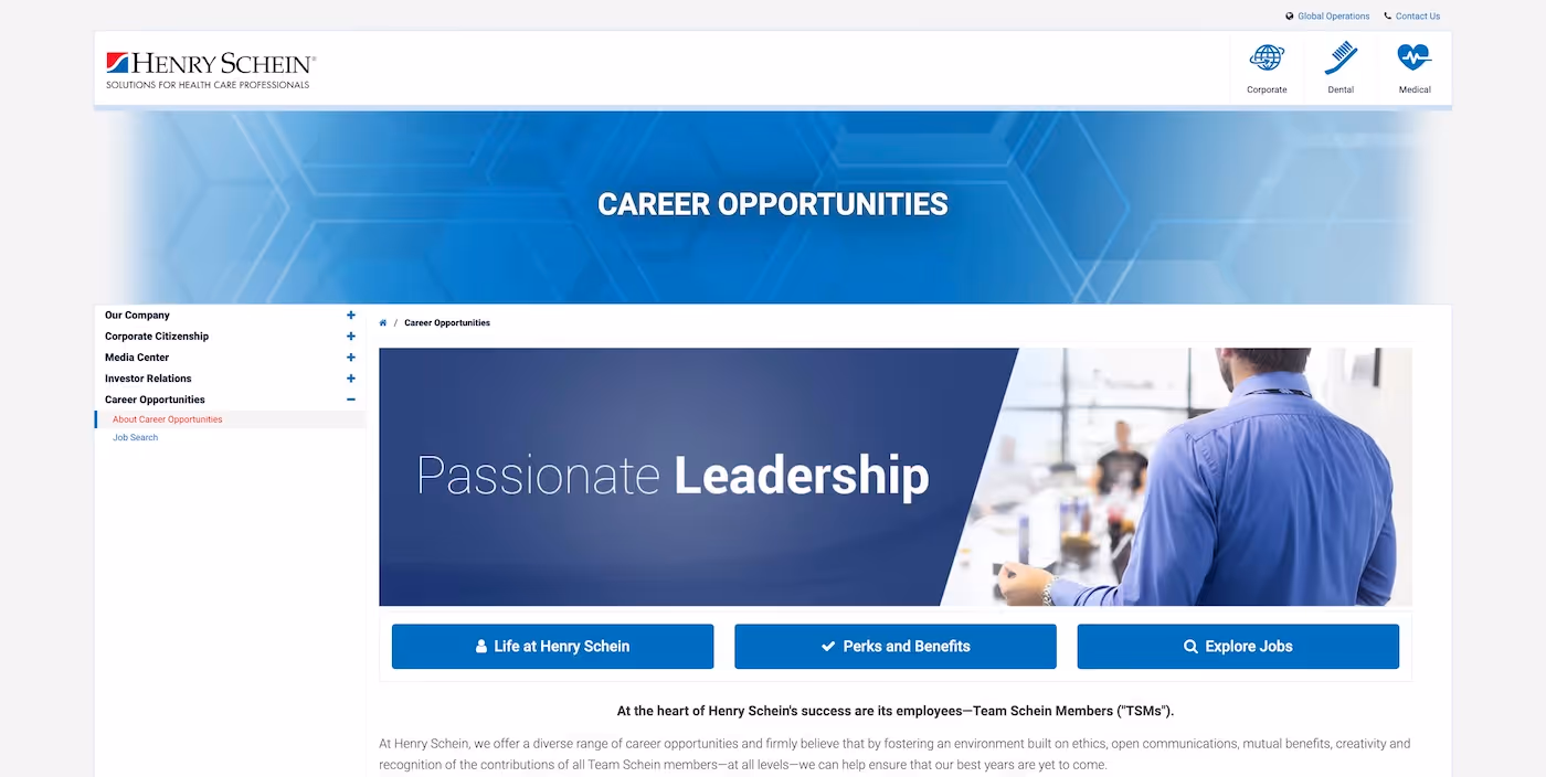Screenshot of the official career page of Henry Schein