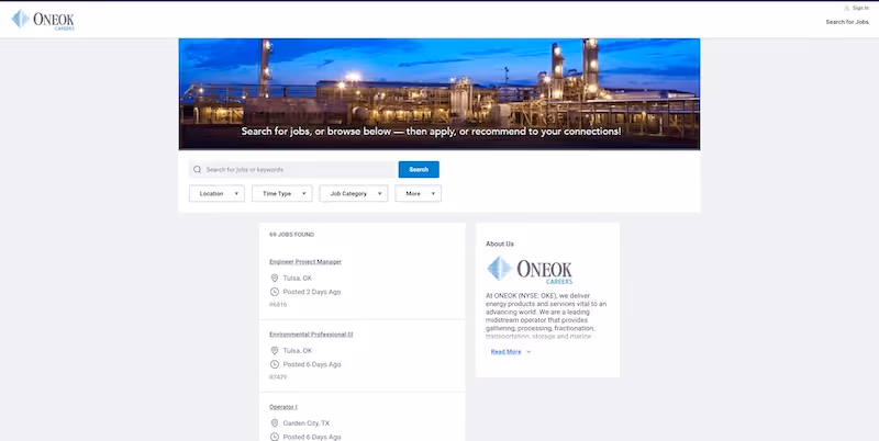 Screenshot of the official career page of Oneok