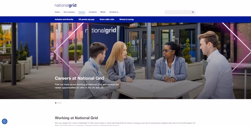 Screenshot of the official career page of National Grid