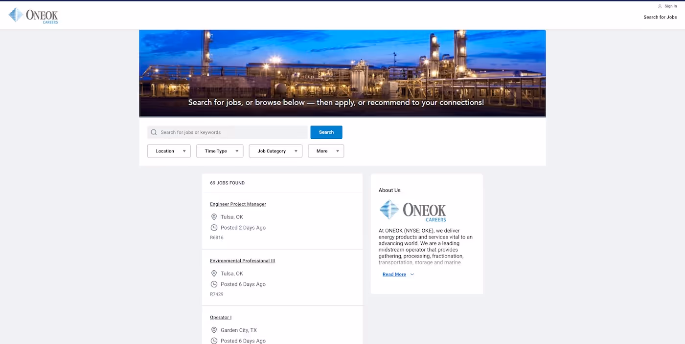 Screenshot of the official career page of Oneok