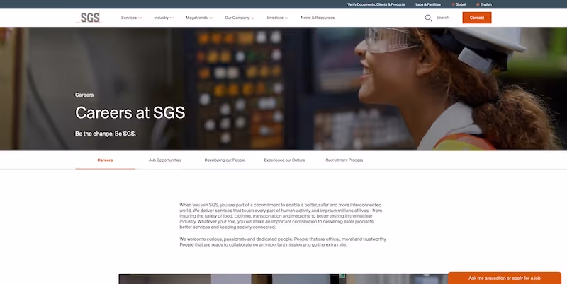 Screenshot of the official career page of SGS