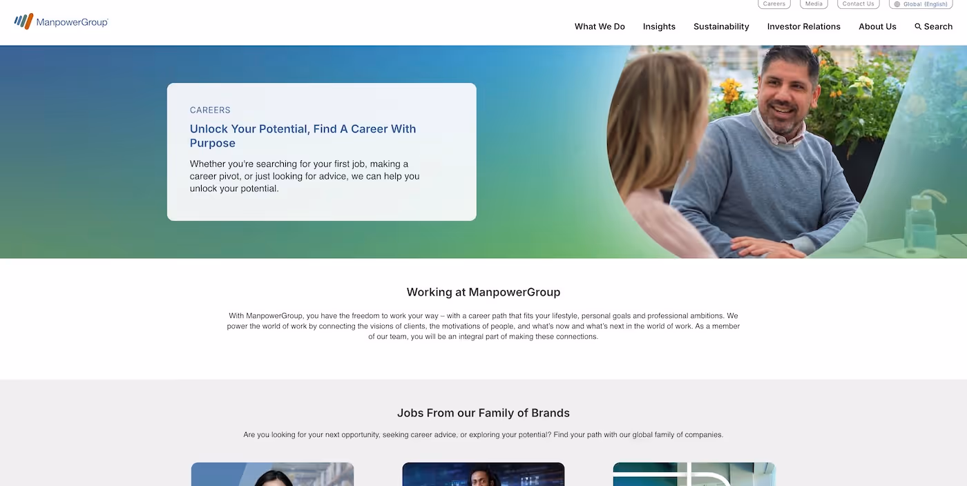 Screenshot of the official career page of ManpowerGroup