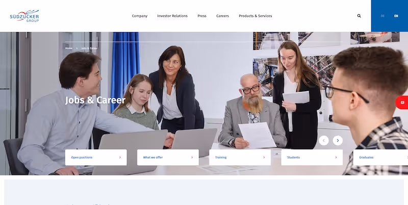 Screenshot of the official career page of Südzucker Group