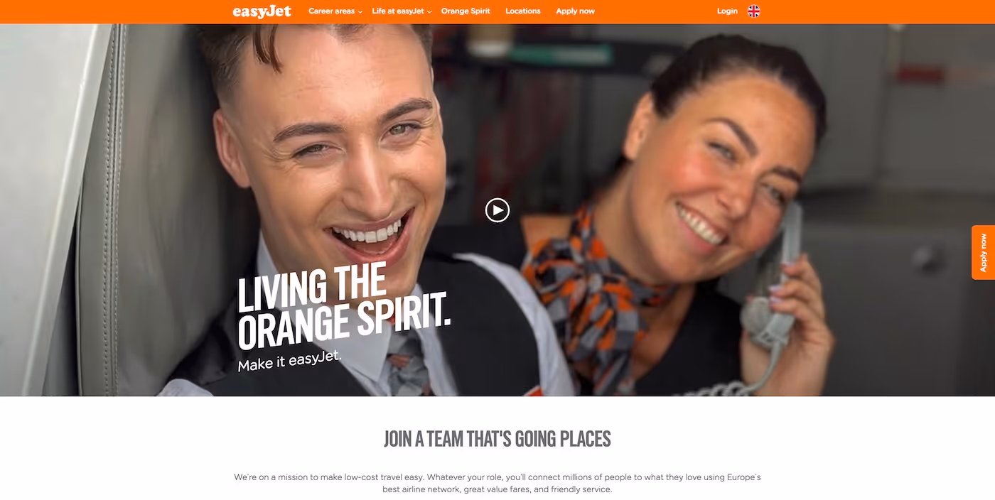 Screenshot of the official career page of easyJet