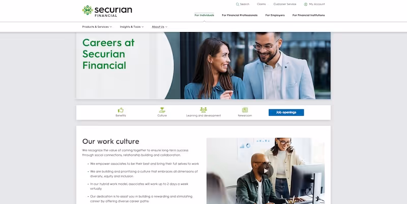 Screenshot of the official career page of Securian Financial